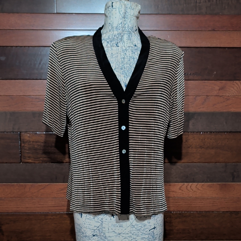 Vintage Ronni Nicole Black and Brown Striped Button Down Shirt